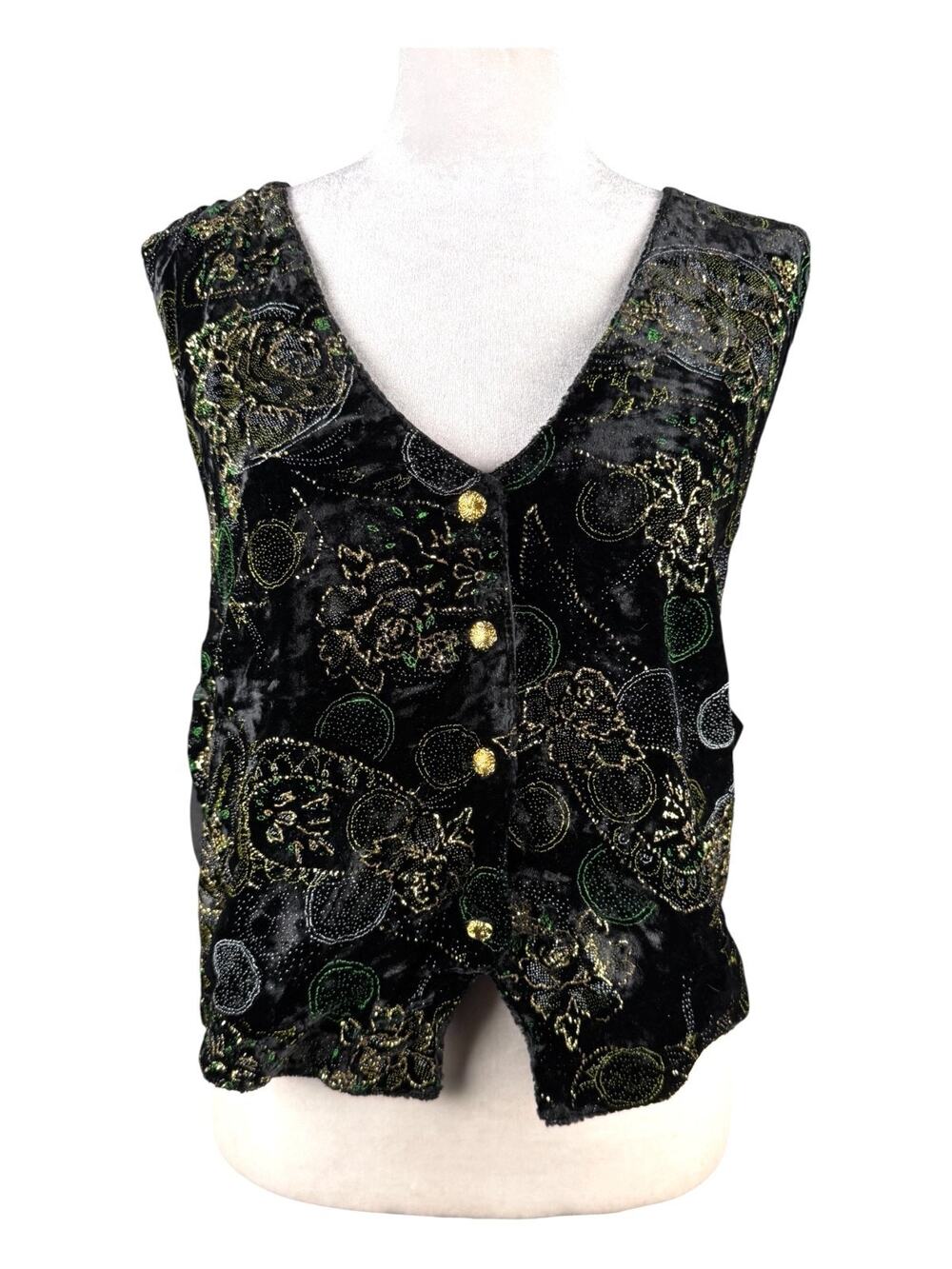 Vintage Jane Ashley Jeetish Women's L Black Velvet Vest Embroidered Glitter NWT